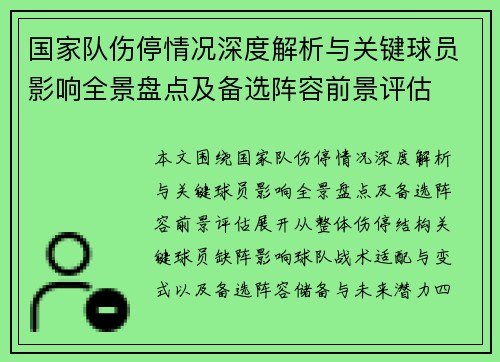 国家队伤停情况深度解析与关键球员影响全景盘点及备选阵容前景评估